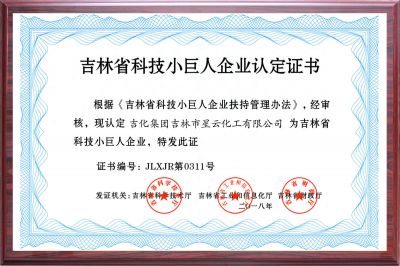 吉林省科技小巨人企業認定證書